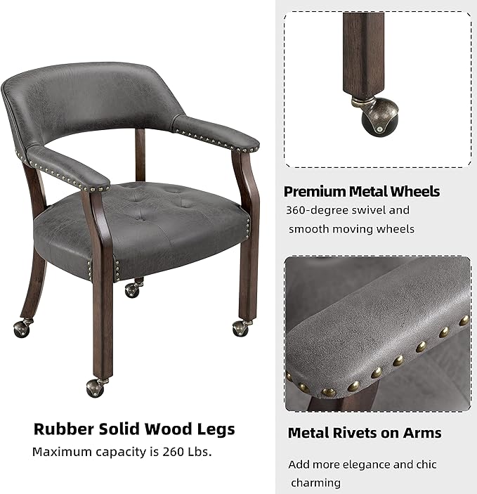 MODERION Solid Wood Boss Caption's Chairs,Dinning Chairs with Wheels and Arms, Office Desk Chairs, Classic Swivel Accent Chairs with Upholstered,Dinner Chairs,31.5”H for Living Room Gray SY318GY