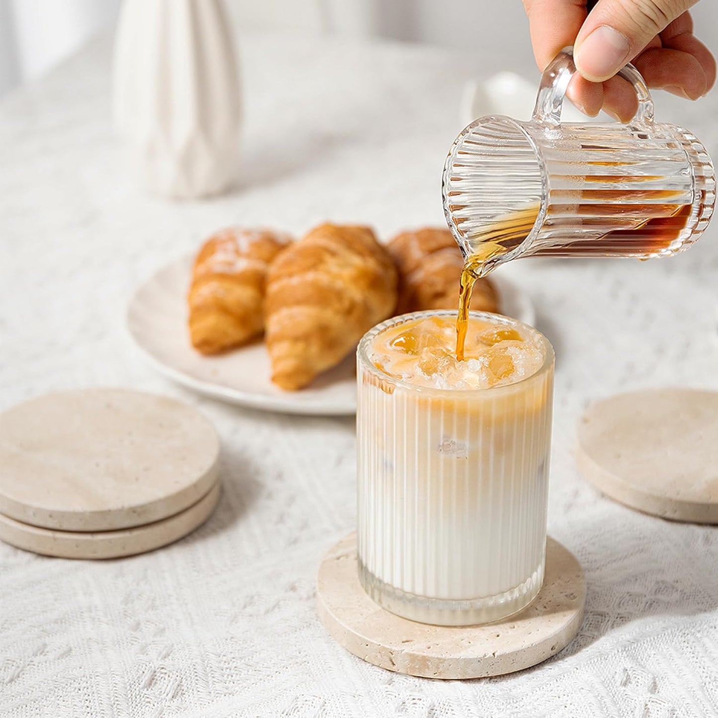 WORHE Natural Travertine Marble Coasters Set of 4-4" Round Stone Drink Coasters, Non-Slip Cork Backing, Housewarming Gift, Wedding, Protect Tables from Stains & Scratches (BD140)