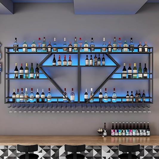 63in Wall Mounted Wine Rack, Large Metal Wine Bottle Holder,3 Tier Modern Fashion Diamond Shaped Floating Bar Unit Wine Storage Shelves, for Home Restaurant Bars Decor (Black, 3 Tier - 63in)