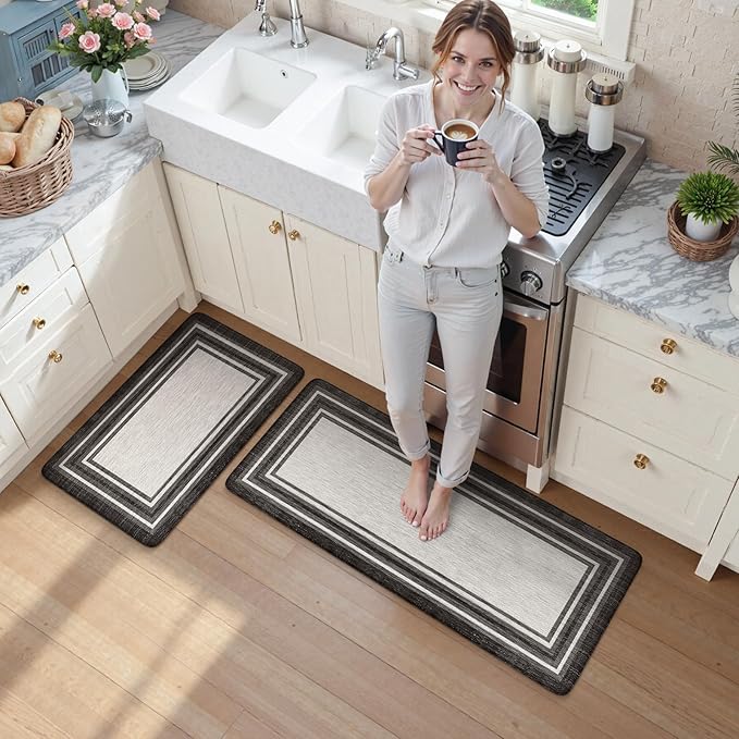 KIMODE Anti Fatigue Kitchen Mat 2PCS,Kitchen Rugs Non Slip Rubber Backing,Waterproof Farmhouse Kitchen Mat for Floor,Cushioned Standing Mat for Office,Laundry,Sink,Desk,Black and Grey