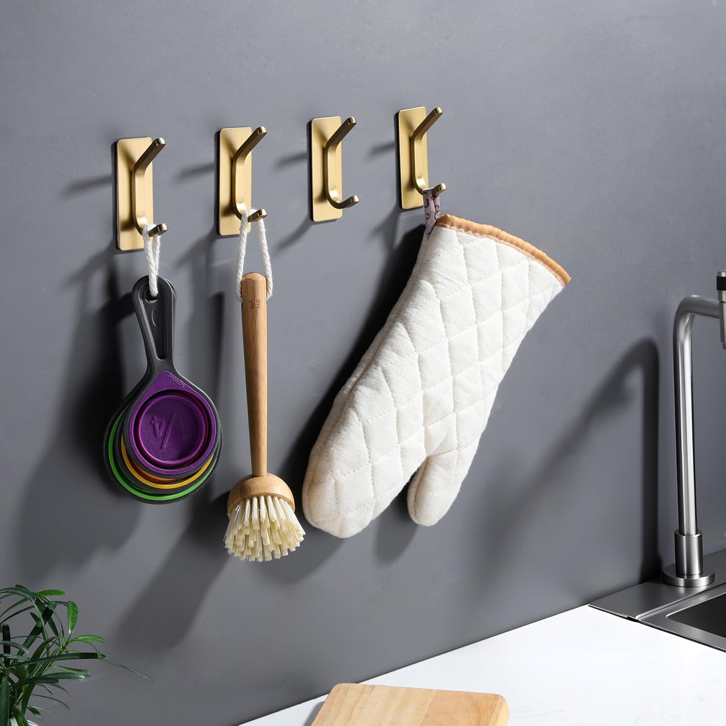 DELITON Gold Adhesive Hooks - 4 Pack Heavy Duty Stainless Steel Towel Hooks for Bathroom, Kitchen, No Drill Stick on Wall Hook for Hanging Robe, Coat, Clothes