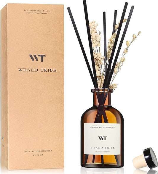WEALD TRIBE Reed Diffuser Set for Bathroom Shelf Decor, Sticks Diffuser with Essential Oils Included | Early Summer Gardenia Scent 4.0 fl oz Fragrance Oil | Defusers for Home Apartment Essentials