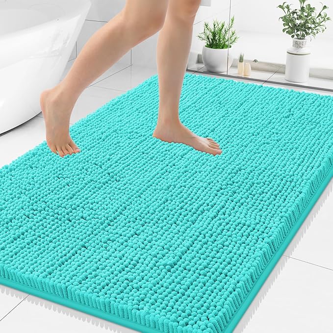 Smiry Luxury Chenille Bathroom Rugs 40x32, Extra Soft and Absorbent Shaggy Bath Mat, Machine Washable, Non-Slip Plush Carpet Runner for Tub, Shower, and Floor, Home Decor Accessories, Turquoise
