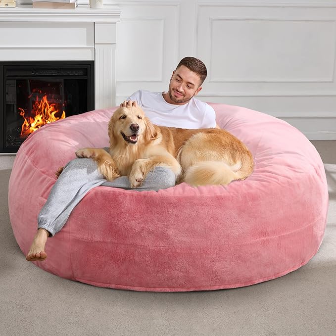 Hobestluk 6ft Bean Bag Chairs for Adults Large Beanbag Chair with Plush Faux Fur Cover Big Bean Bag Chair for Living Room Bedroom Dorm Office - Pink (70" x 70" x 15")