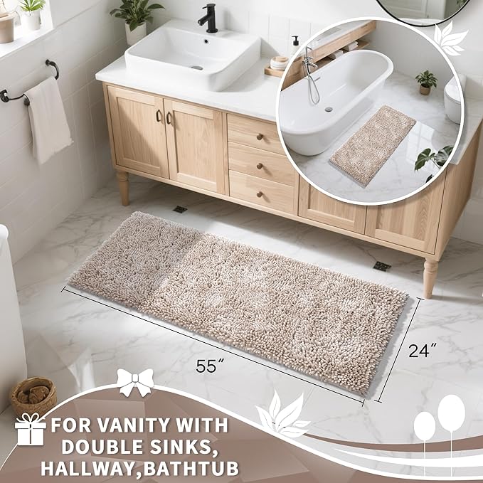 Yimobra Long Bathroom Rugs Runner 55x24 Inch, Extra Thick Soft Absorbent Chenille Bath Mat, Non Slip Machine Washable, Quick Dry Bath Rugs for Bathroom Floor, Tub and Shower, Khaki