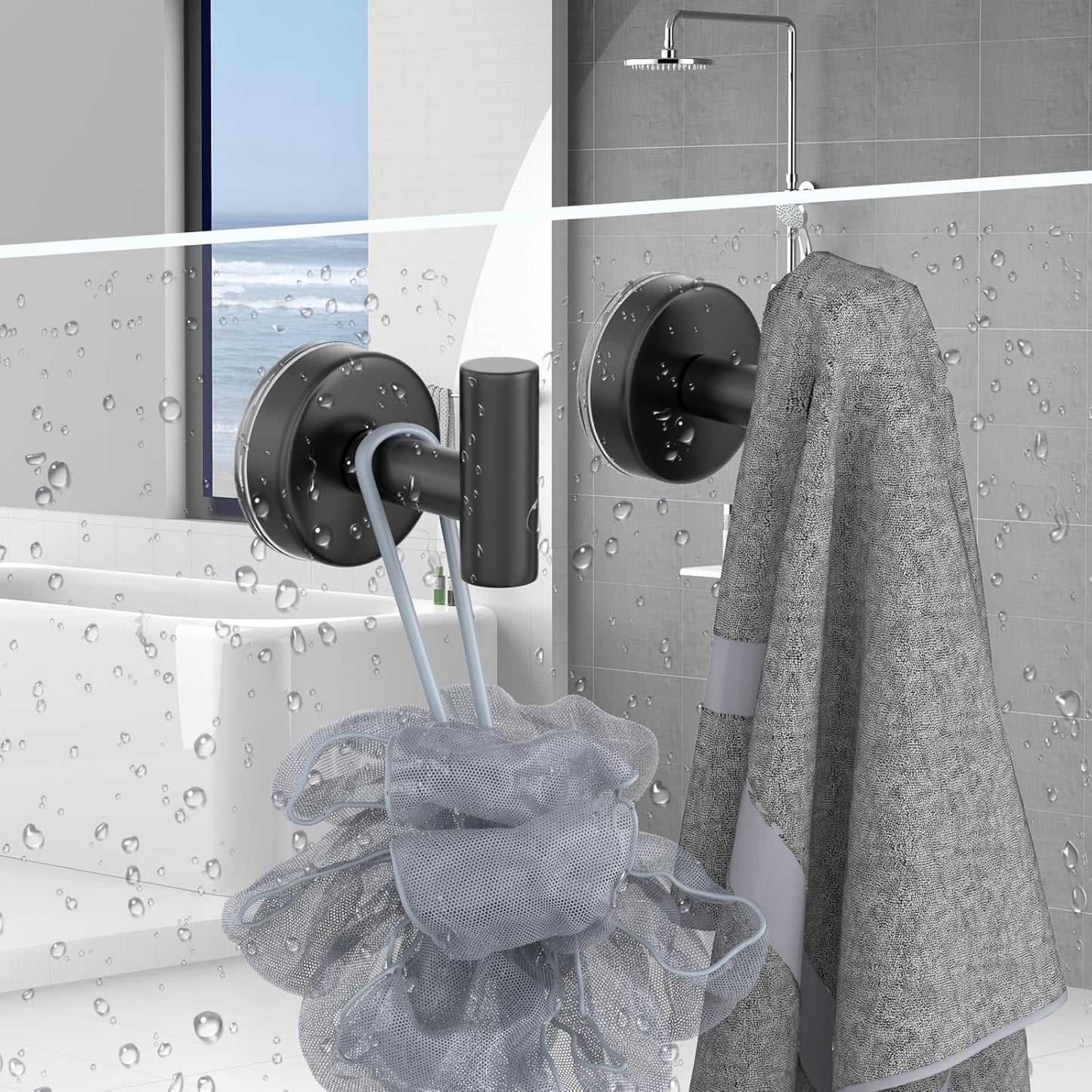 Suction Cup Hooks for Shower, Stainless Steel Towel Hooks for Bathroom Wall, Glass Door, Kitchen, Mirror, Tile, Shower Hooks for Hanging Towels, Robes, Bath Balls (2 Pack，Black)