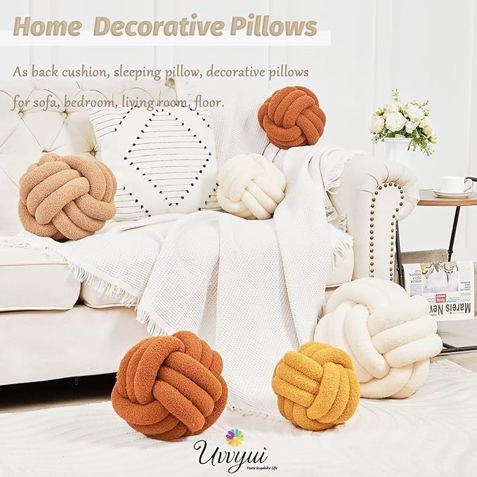 Uvvyui Knot Pillow Ball, Soft Home Decorative Pillows, Round Throw Pillow, Handmade Knotted Plush Pillow, Round Boucle Pillow Cushion (11 Inches Orange)