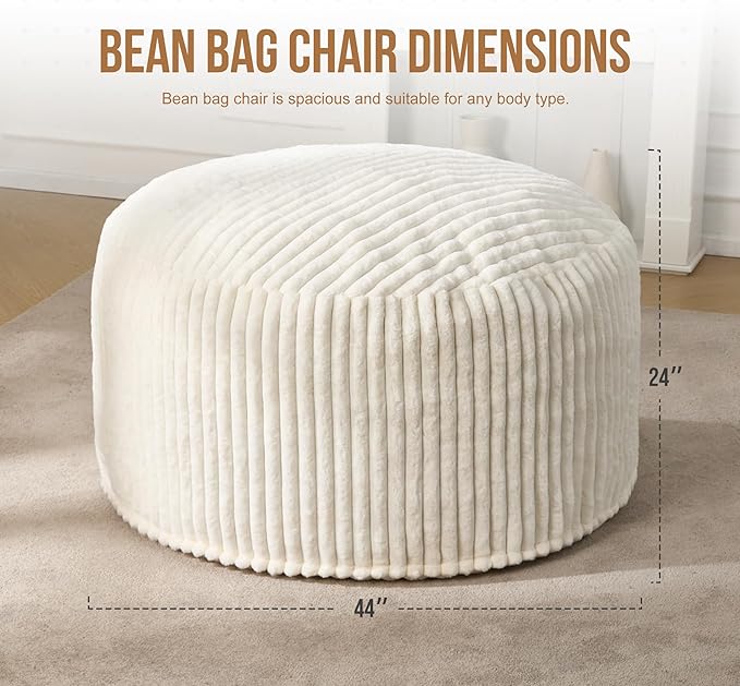 Hobestluk 4ft Bean Bag Chairs for Adults Large Beanbag Chair with Dutch Corded Plush Cover Big Bean Bag Chair for Living Room Bedroom Dorm Office - White (42" x 42" x 24")