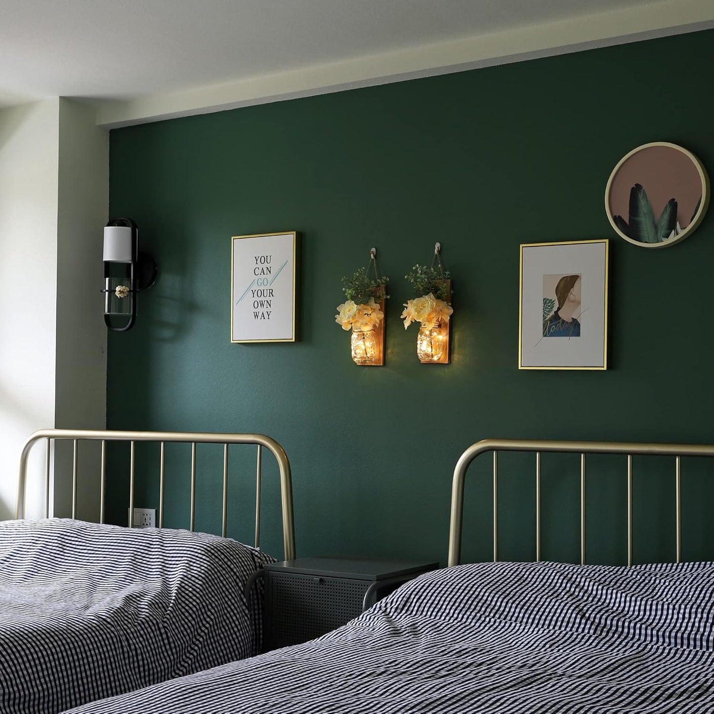 HOMKO Rustic Wall Decor, Mason Jars Wall Sconces with Remote LED Lights, Hanging Kitchen Bathroom Bedroom Decor (Set of 2) - Dark Brown