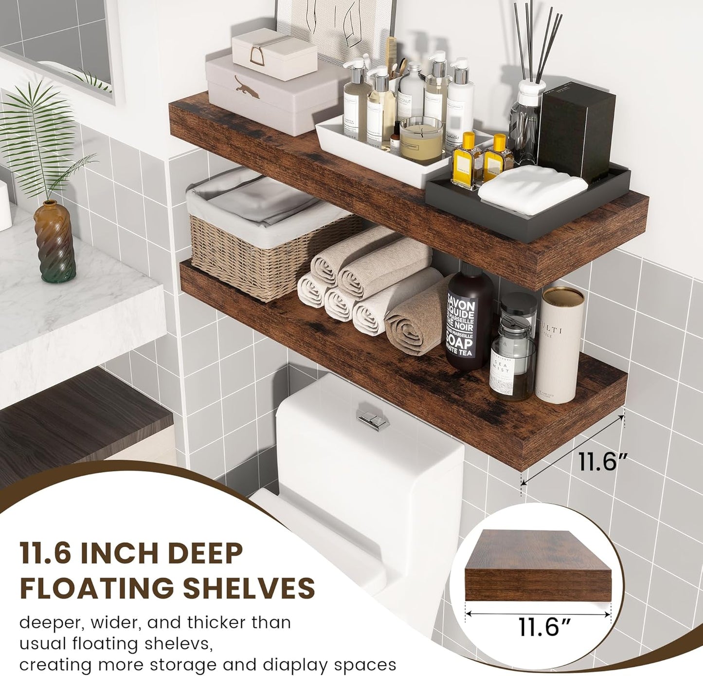 Deep Floating Shelves for Wall - 36 Inch Wide x 12 Inch Deep Floating Shelves Set of 2-36W x 12D Rustic Large Wood Shelves for Living Room Bathroom Laundry Room Kitchen Home Office