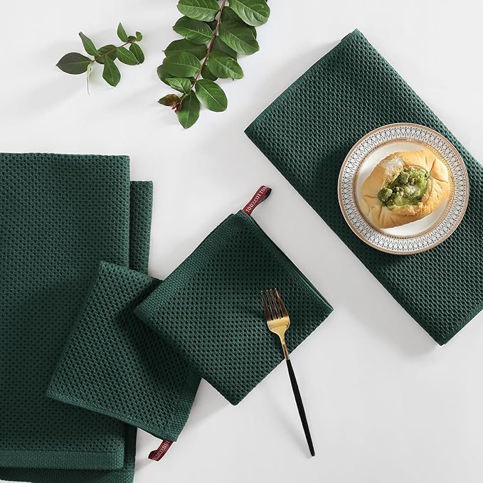 Homaxy 100% Cotton Kitchen Towels and Dishcloths Set, 12 x 12 Inches and 13 x 28 Inches, Set of 12 Bulk Kitchen Towels Set, Ultra Soft Absorbent Dish Cloths for Washing Dishes, Blackish Green