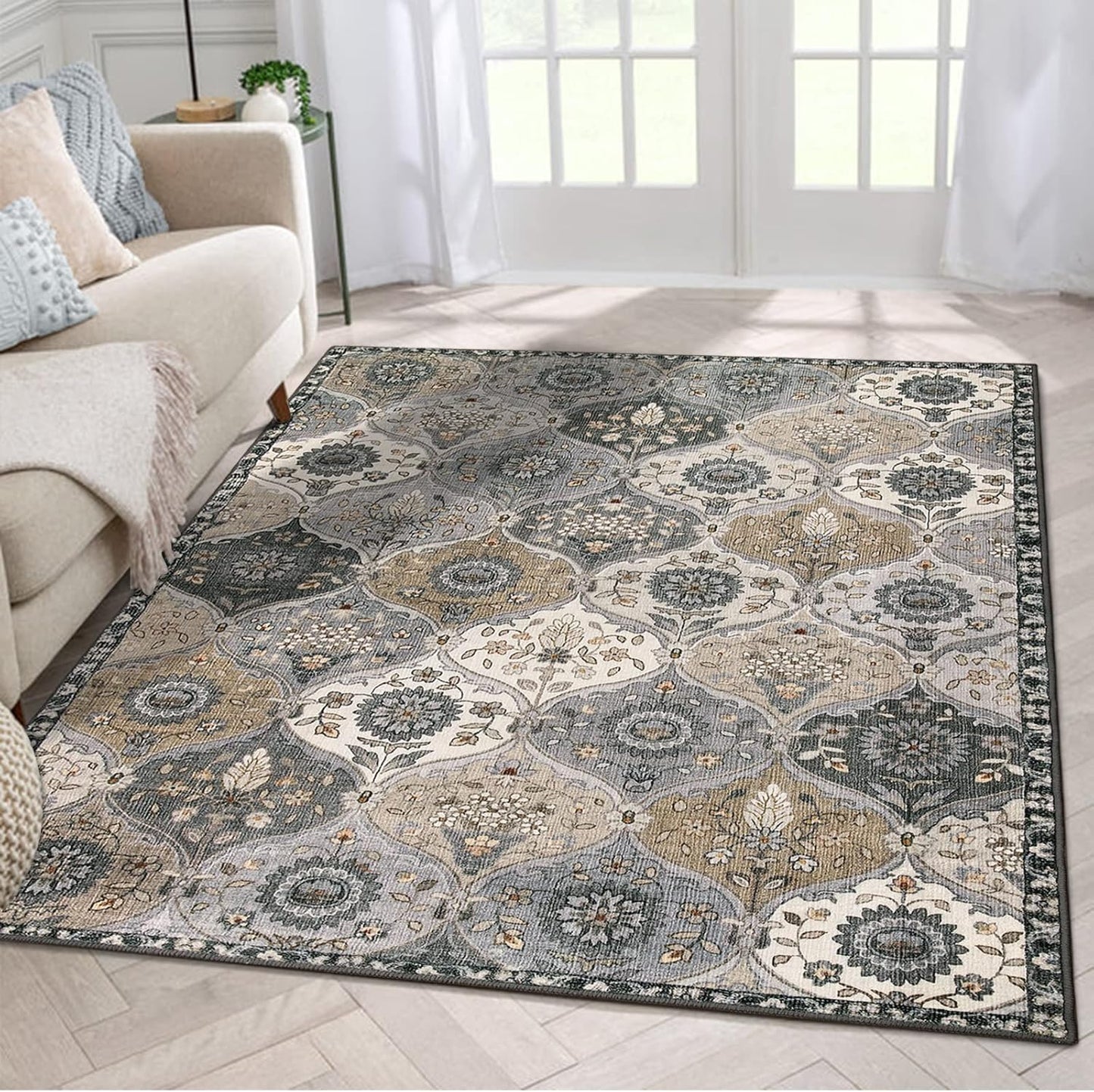 Lahome Moroccan Washable Living Room Rug, 5x8 Rugs for Bedroom Dining Room, Soft Non-Slip Non Shedding Boho Distressed Throw Carpet for Nursery Office, Grey