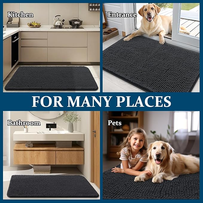 OLANLY Dog Door Mat for Muddy Paws 40x24, Absorbs Moisture and Dirt, Absorbent Non-Slip Washable Doormat, Quick Dry Chenille Mud Mat for Dogs, Entry Indoor Entryway Carpet for Inside Floor, Dark Grey
