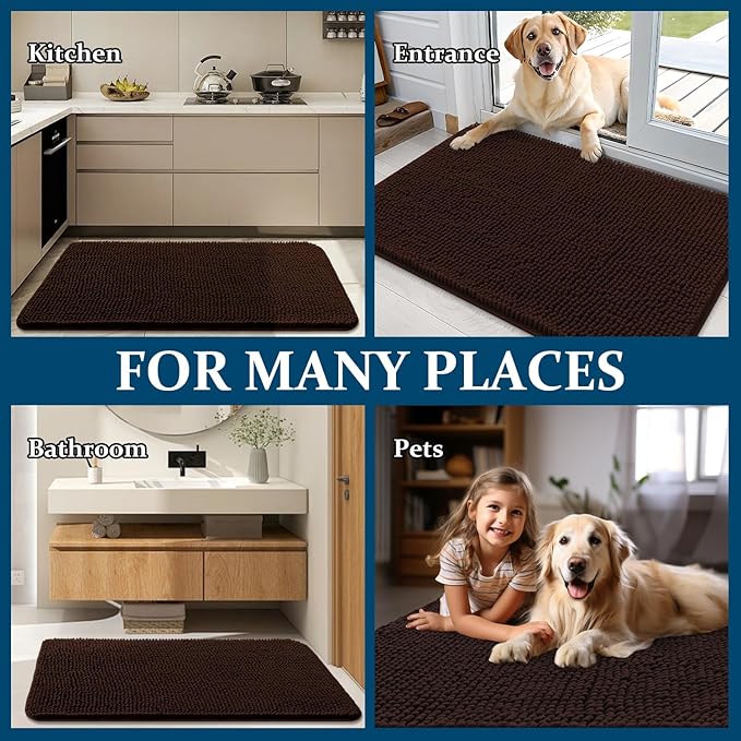 OLANLY Dog Door Mat for Muddy Paws 40x24, Absorbs Moisture and Dirt, Absorbent Non-Slip Washable Doormat, Quick Dry Chenille Mud Mat for Dogs, Entry Indoor Entryway Carpet for Inside Floor, Brown