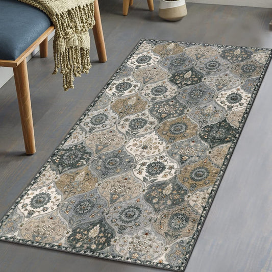 Lahome Moroccan Trellis Small Area Rug, 2x4 Rugs for Entryway Non-Slip Vintage Ultra-Thin Washable Indoor Door Mat Distressed Throw Carpet for Bathroom Kitchen Bedroom, Grey