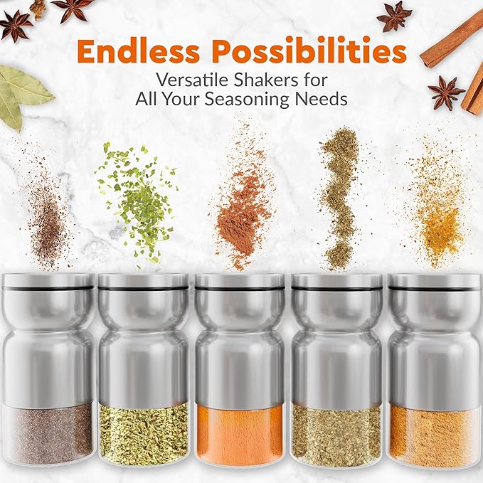 HOME EC Original Salt and Pepper Shakers Set with Adjustable Pour Holes - Glass and Stainless Steel Salt Shaker and Pepper Shaker - Farmhouse Spice dispenser for salts, ground peppercorn and spices