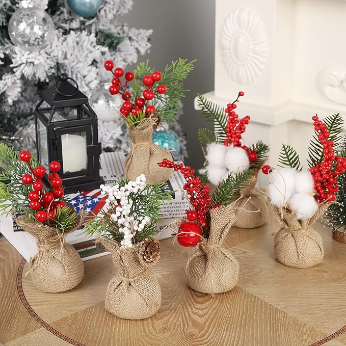 winemana 6 Pcs Mini Christmas Tree Table Decorations, 8" Small Artificial Trees with Red Berries Pine Cone Greenery Tabletop Centerpiece for Home Office Room Holiday Decorations
