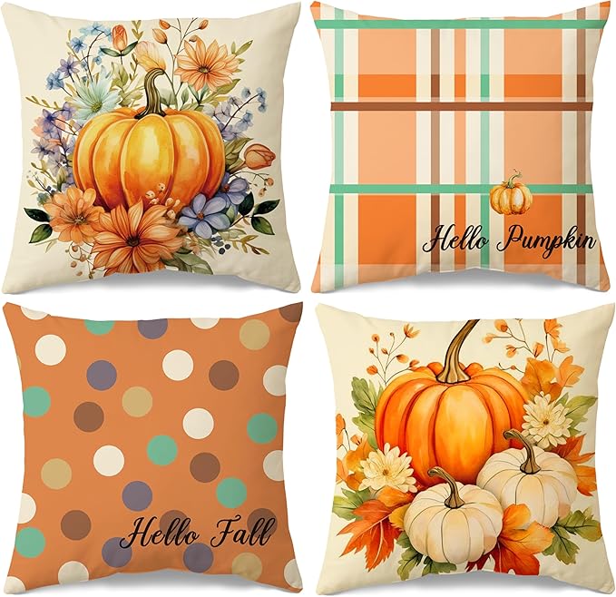 JioJio Chan Fall Pillow Covers 18x18 - Autumn Thanksgiving Pumpkin Throw Pillow Covers for Sofa Couch Set of 4, Hello Pumpkin Hello Fall Decoration for Home Bedroom Living Room Decor Outdoor Indoor