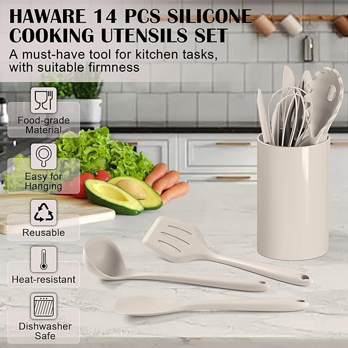 HaWare Kitchen Utensils, 14 PCS Silicone Cooking Utensils Set, Heat Resistant Kitchen Utensils for Non-stick Cookware, Kitchen Gadgets Tools with Spoons, Spatulas, Whisk, Dishwasher Safe (Khaki)