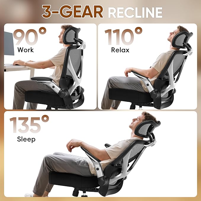 GABRYLLY Ergonomic Office Chair, Home Mesh Desk Chair with Adjustable Lumbar Support, 5D Arms & Wide Seat, 135° Recline Big and Tall Computer Chairs for Work Gaming, Heavy Duty,300LBS