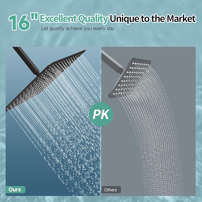 SR SUN RISE Luxury 16 Inch Extra Large Square Stainless Steel Shower Head High Pressure Rainfall Showerhead Ultra Thin Water Saving Matte Black 2.5 Gpm