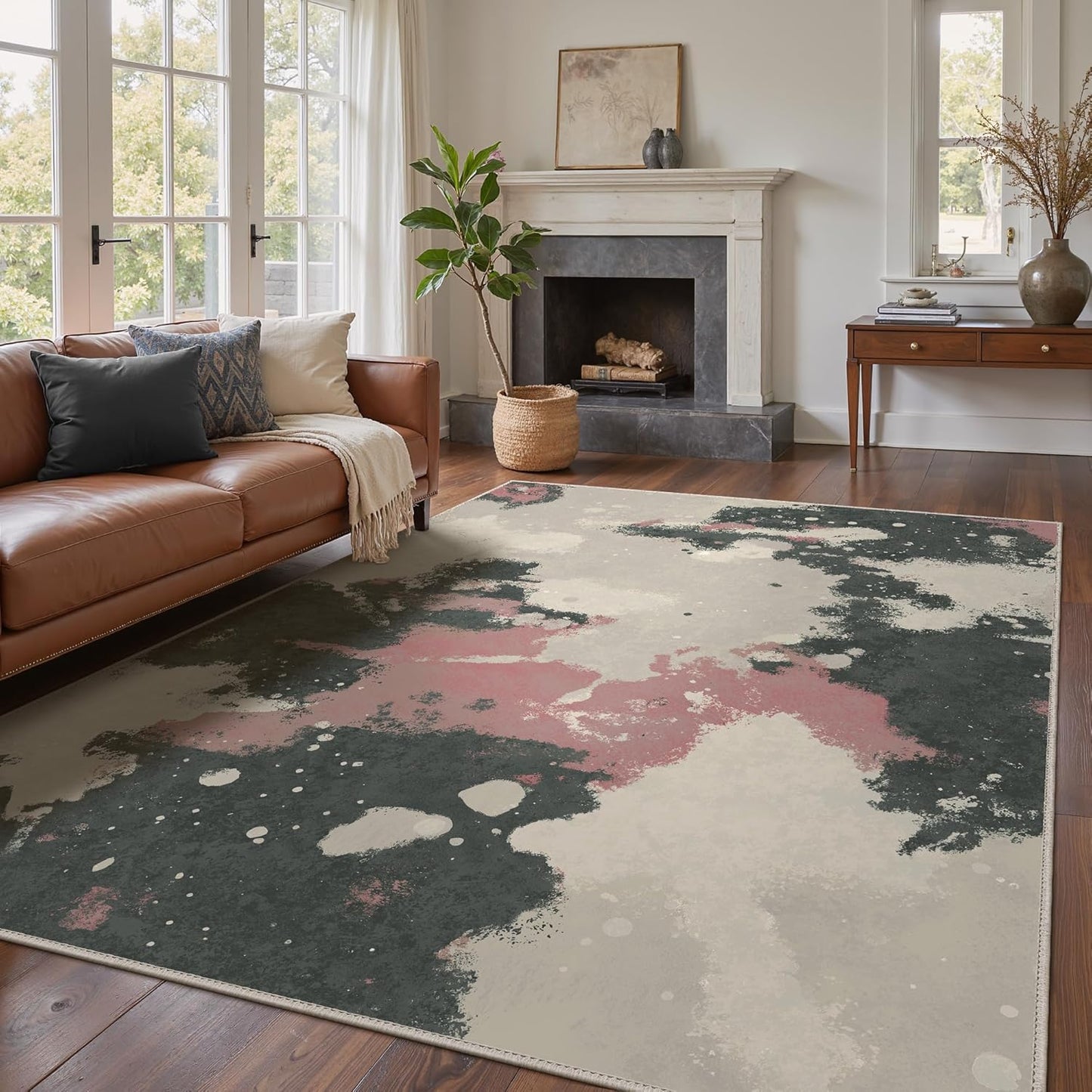 Area Rugs 8x10 for Living Room Bedroom, Modern Splash Abstract Machine Washable Rug, Large Soft Low Pile Floor Cover with Non Slip Backing for Dining Room, Pink/Charcoal