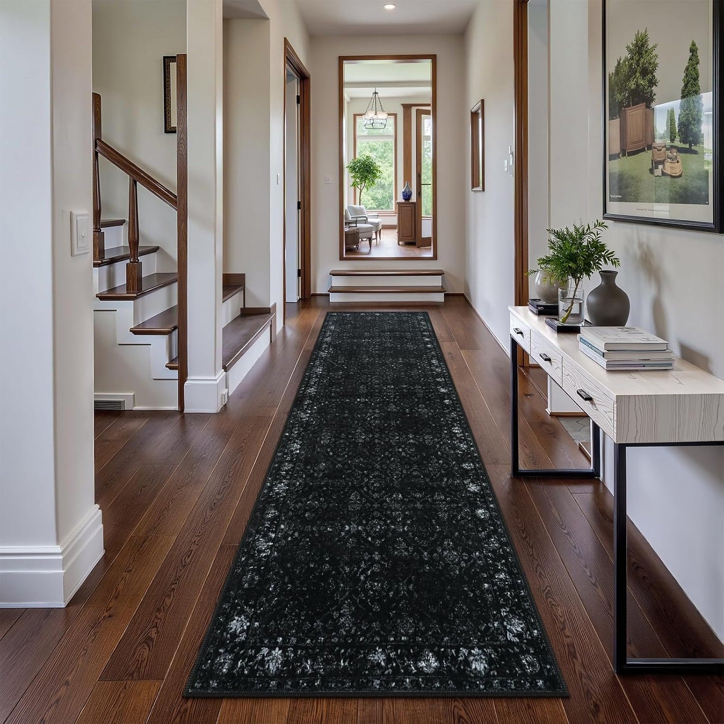 Vintage Black Washable Hallway Runner Rug, 2.6x8 Non Slip Runnersfor Hallways Entrance Indoor,Extra Long Kitchen Rug Runner, Soft Floor Carpet for Entry Laundry Bedroom (2'6"x8', Black)