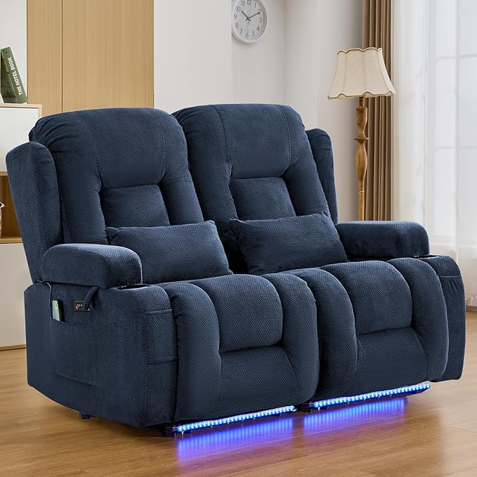 IPKIG 54" Power Reclining Loveseat Sofa, Electric Home Theater Seating with 4 Colors Ambient Lighting/USB Ports/Cup Holders for Living Room, Bedroom, Home, RVs (Navy Blue, 2 Seater)