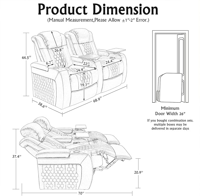 Home Theater Seating, Living Room, Powered Headrest, Powered Lumbar, Italian Leather, Powered Recline, Single Recliner (Black, Row of 2)