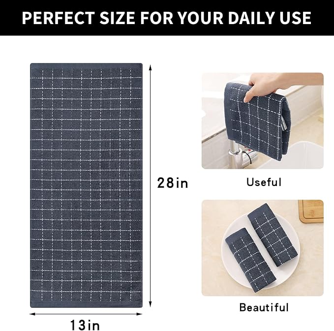 Homaxy 100% Cotton Terry Kitchen Towels(Dark Grey, 13 x 28 inches), Checkered Designed, Soft and Super Absorbent Dish Towels, 6 Pack