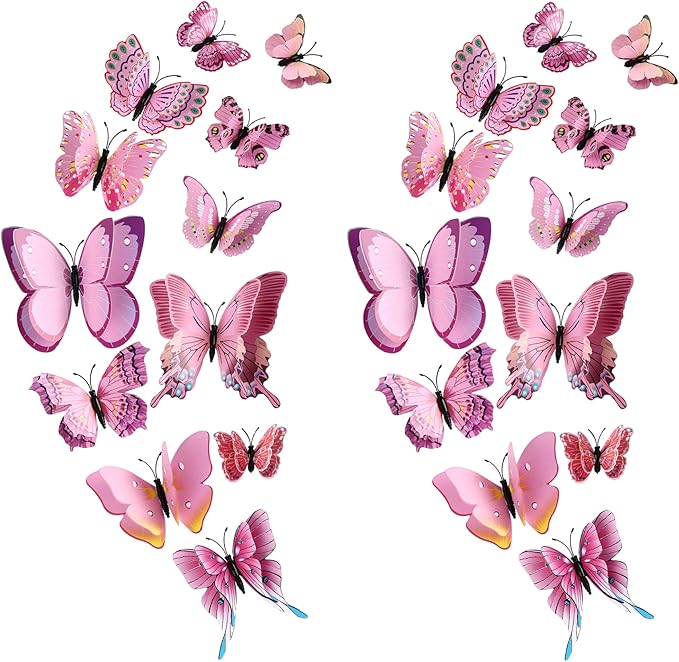 24PCS Butterfly Wall Decals Removable 3D Butterflies Decor for Wall Sticker Mural Stickers Home Decoration Kids Room Bedroom Decor (Double Layer-Pink/24PCS)