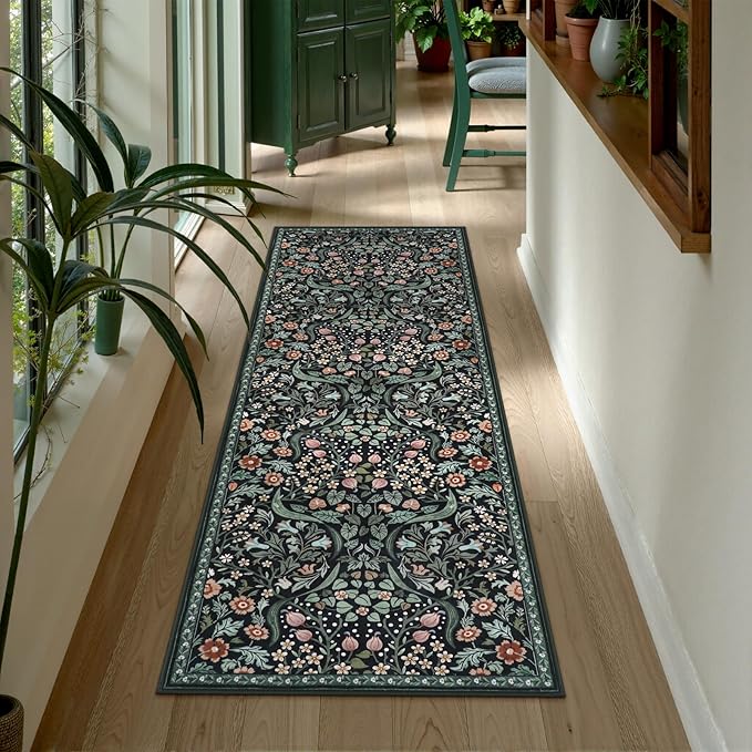 Lahome Floral Kitchen Runner, 2x6 Black Washable Runner Rug Non Slip, Soft Low Pile Stain Resistant Bathroom Laundry Floor Carpet, Boho Thin Long Carpet for Entryway