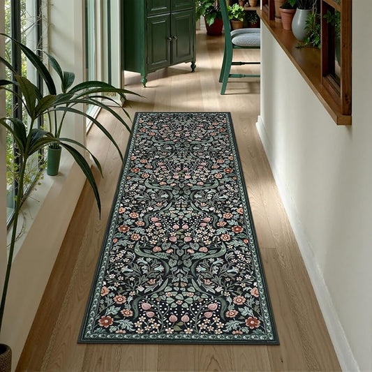 Lahome Floral Kitchen Runner, 2x6 Black Washable Runner Rug Non Slip, Soft Low Pile Stain Resistant Bathroom Laundry Floor Carpet, Boho Thin Long Carpet for Entryway