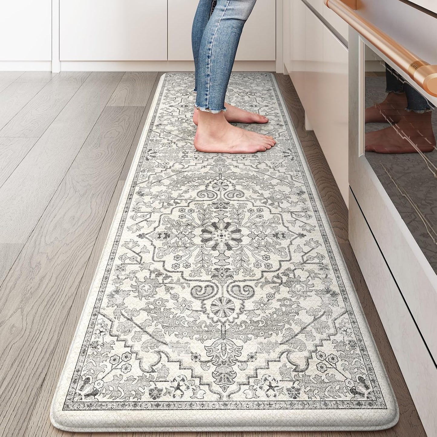 KIMODE Anti Fatigue Kitchen Mat, Cushioned Boho Kitchen Runner, Non Slip Farmhouse Kitchen Mat for Floor, Waterproof Standing Desk Mat for Laundry, Office, Sink Grey 17.3"x59"
