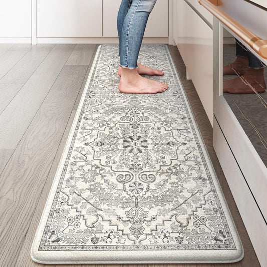 KIMODE Anti Fatigue Kitchen Mat, Cushioned Boho Kitchen Runner, Non Slip Farmhouse Kitchen Mat for Floor, Waterproof Standing Desk Mat for Laundry, Office, Sink Grey 17.3"x59"