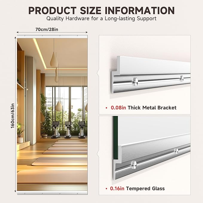 Home Gym Mirror, 63'' x 28'' x 1PCS, Large Full Body Mirror for Yoga, Frameless Tempered Glass, Wall Mounted for Home Gym, Garage, Bedroom, Bathroom
