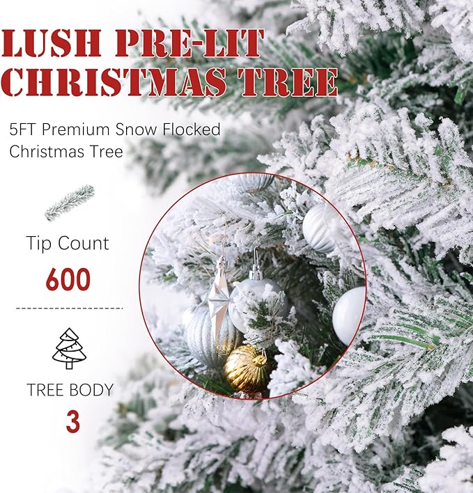 5FT Snow Flocked Christmas Tree, Small Artificial Holiday Xmas Tree with 600 Branch Tips, Foldable Stand for Holiday Party Decoration