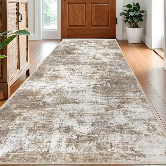IOHOUZE Abstract Runner Rug 3x8 Ft Washable Runners for Hallways, Non Slip Kitchen Runner Printed Faux Wool Entryway Runner Indoor, Modern Abstract Floor Carpet for Hall Kitchen Bedroom, Beige Brown