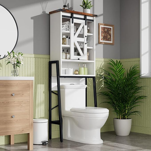 Over The Toilet Storage Cabinet, Above Toilet Storage Cabinet with Adjustable Shelves and Barn Door, Farmhouse Behind Toilet Bathroom Organizer for Bathroom, Laundry Room, Off-White