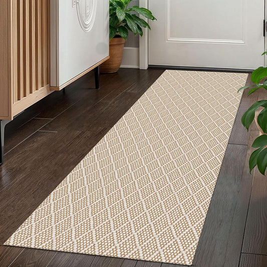 KOZYFLY Runner Rug 2x5 Ft Washable Runners for Hallways Non Slip Rubber Backed Kitchen Runners, Braided Entryway Runner Indoor, Floor Carpet for Hallway Kitchen Entryway Bedroom, Tan/Beige