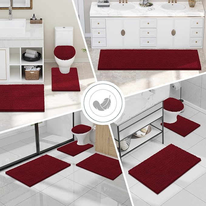 Smiry Luxury Chenille Bathroom Rugs 30x20, Extra Soft and Absorbent Shaggy Bath Mat, Machine Washable, Non-Slip Plush Carpet Runner for Tub, Shower, and Floor, Home Decor Accessories, Red