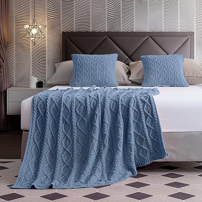 Homiest Dusty Blue Cable Knit Throw, 60 x 80 Inch, Lightweight Acrylic Knitted Blanket with Diamond Texture, Soft & Cozy for Couch, Bed, Sofa