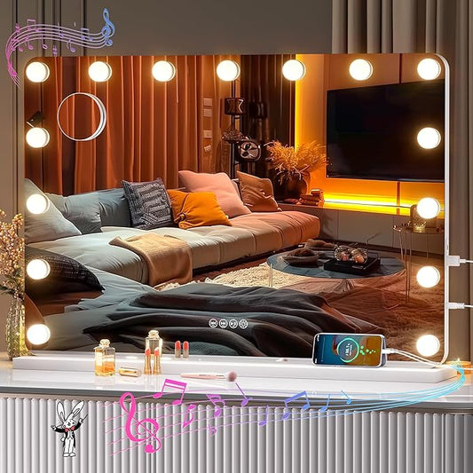 32''X22'' Hollywood Vanity Mirror with Lights, with Bluetooth Speaker, 3 Color Lighting Modes & Stepless Dimming, USB & Type-C Charging Port, 5X Magnification