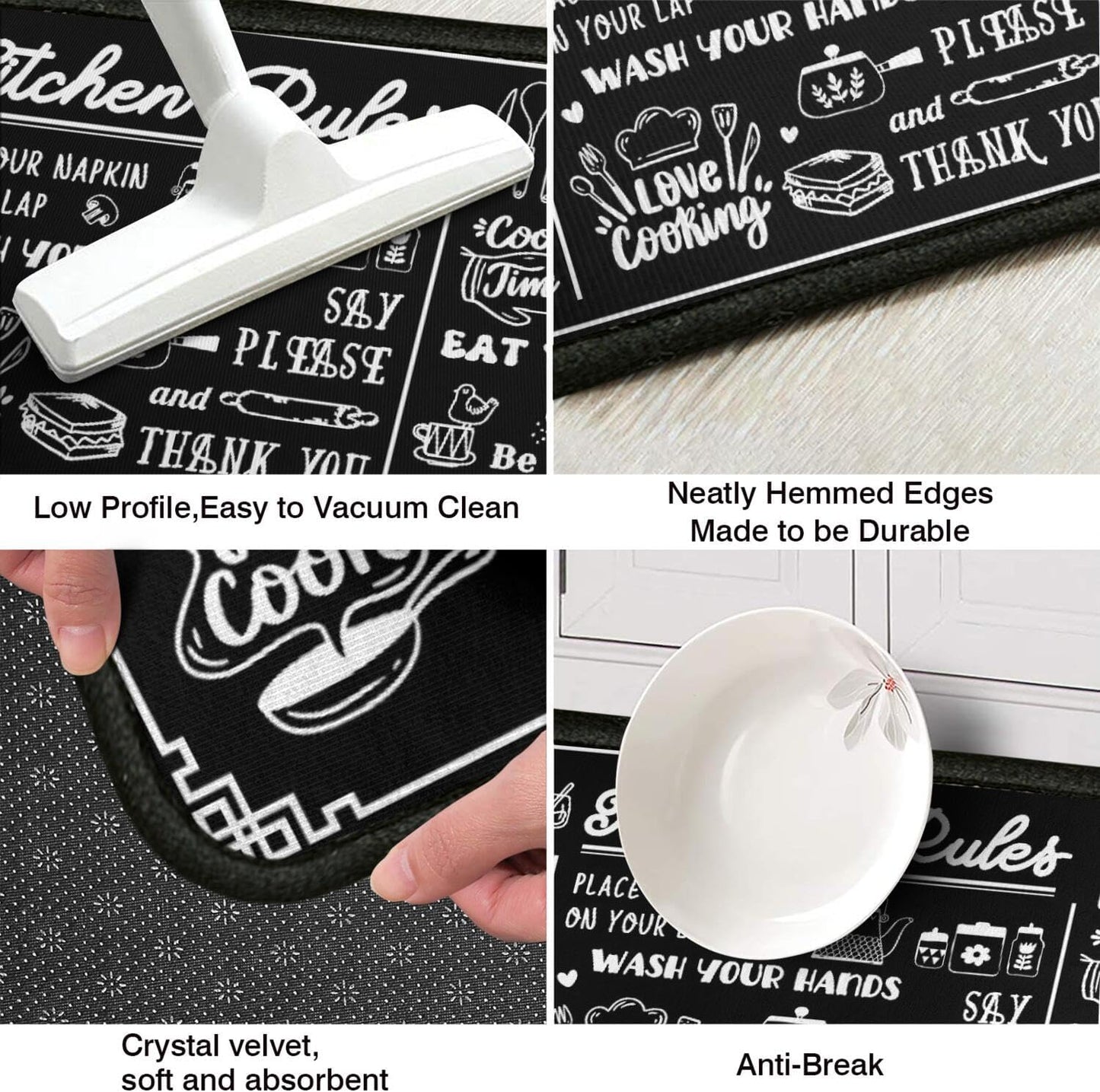 Black and White Kitchen Rugs Kitchen Decor Rugs Set Kitchen Rules Theme Non Skid 2 Piece Kitchen Mats For Floor Washable Absorbent Microfiber Kitchens Accessories Decoration Floor Mats 17"x47"+17"x30"