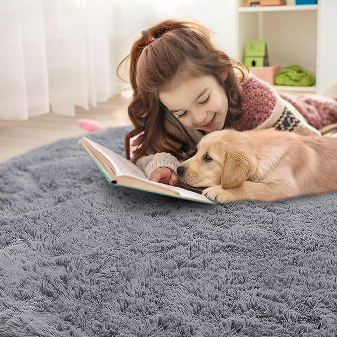 OLANLY Light Grey Round Rugs for Bedroom - Machine Washable, 7 ft Circle Area Rugs for Living Room, Soft and Fluffy Shaggy Carpet for Teen Girls and Boys, Nursery Rooms, Dorms, Home Decor Aesthetic
