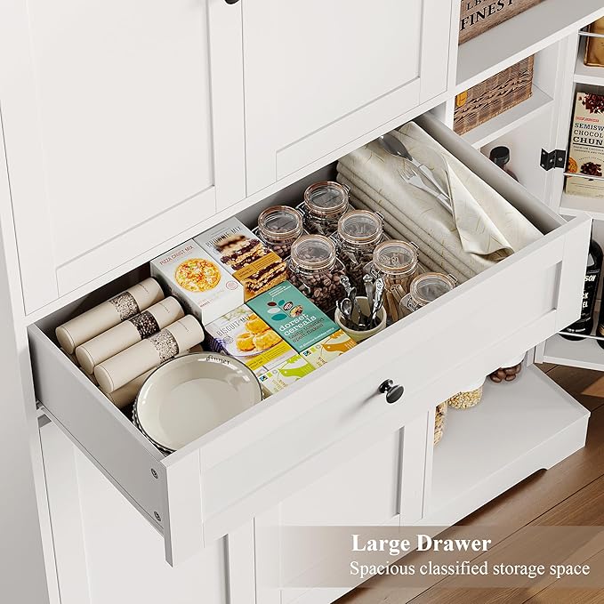 HOSTACK 68" Tall Kitchen Pantry Storage Cabinet, Modern Kitchen Hutch Cabinet with Doors and Shelves, Freestanding Food Pantry with Large Storage Drawer for Dining Room, Living Room, White