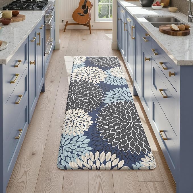 KIMODE Anti Fatigue Kitchen Mats for Floor, Boho Floral Kitchen Rugs 24" x 59", Cushioned Mats for Kitchen Floor, Non Slip Kitchen Floor Mats, Sink, Laundry, Office,Blue Multi