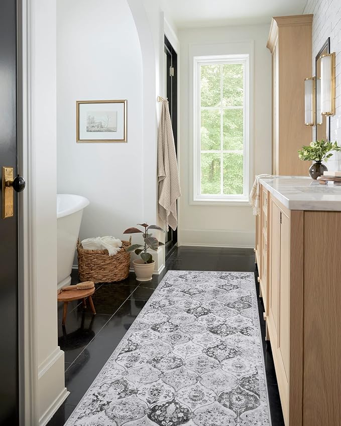 Lahome Moroccan Trellis Washable Runner Rug, 2x6 Kitchen Runners for Hallways 6 Feet Non Slip, Vintage Laundry Room Rug Ultra-Thin Long Carpet for Bathroom Bedroom Entryway, Silver/Grey