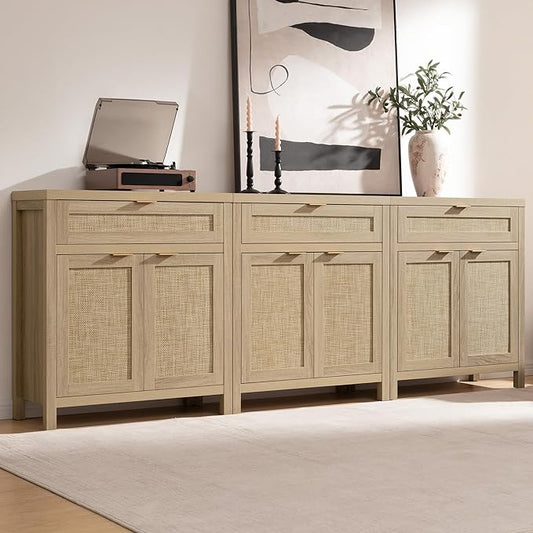 SICOTAS Sideboard Buffet Storage Cabinet Set of 3, Rattan Credenza Buffet Table, Boho Console Accent Cabinet with Doors and Drawer, Coffee Bar for Kitchen Entryway Living Room, Natural