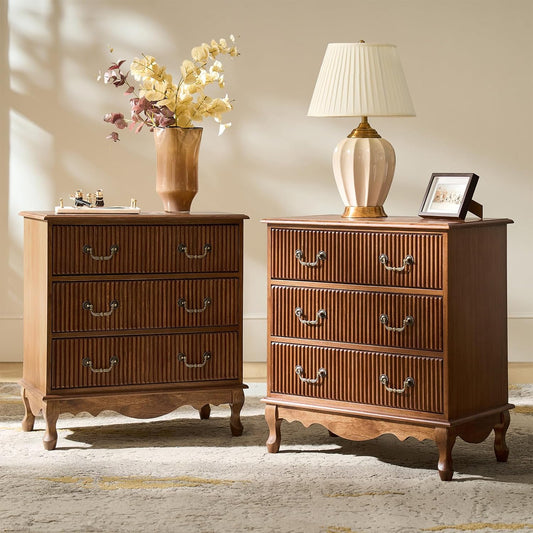 HULALA HOME Transitional Nightstand Set of 2 with 3 Drawers and Charging Station, 28" Solid Paulownia Wood Nightstand with Fluted Front Design, Cherry